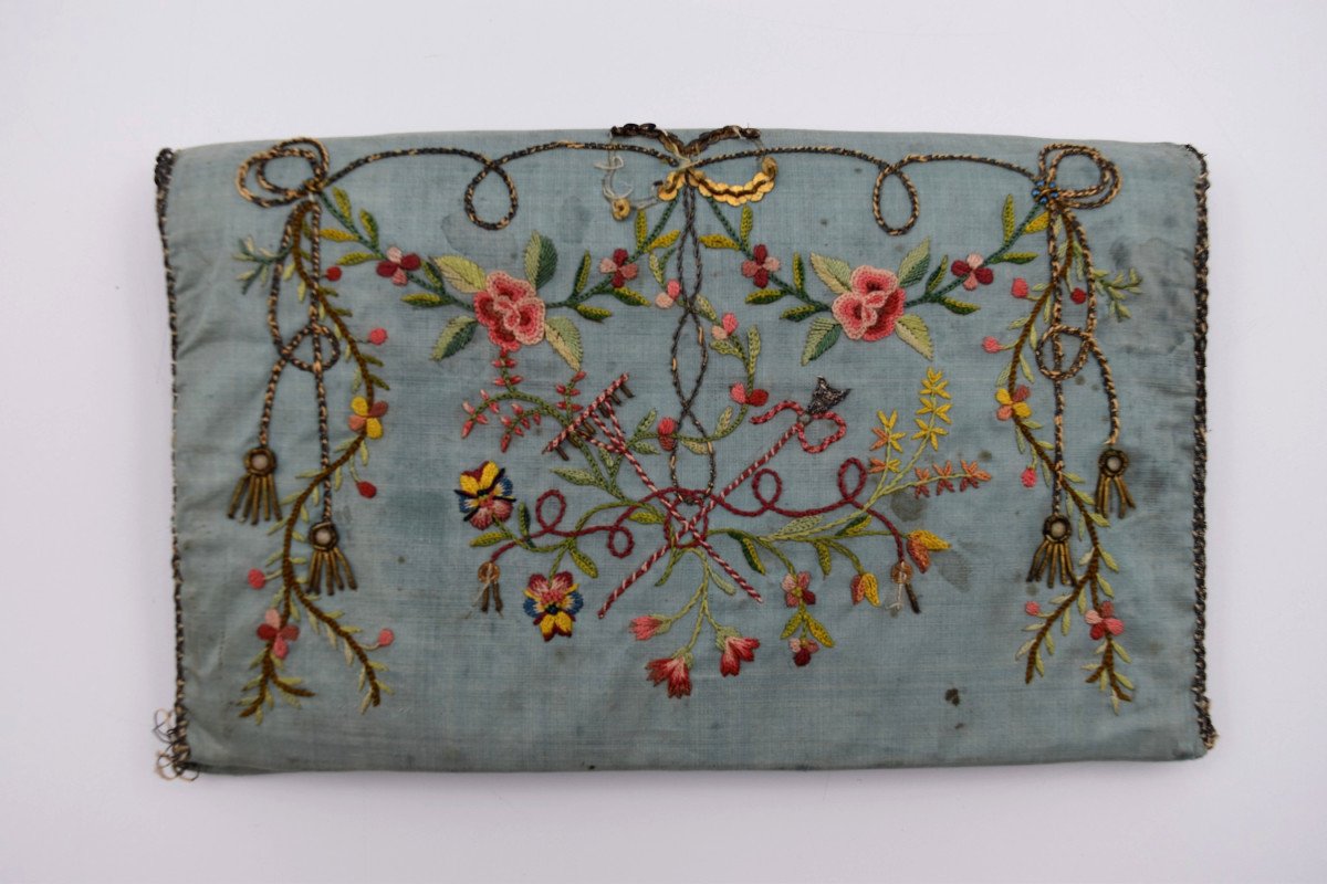Embroidered Silk Pouch With Two Compartments Revolutionary Period 1789 1794