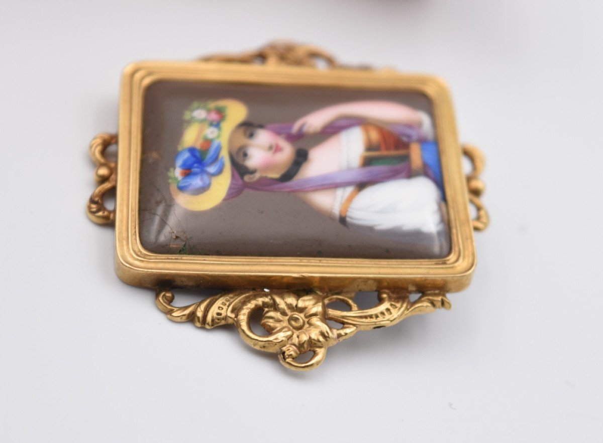 Bijou à Portrait : broche Or Et émaux Sur Cuivre Portrait De Femme Italienne XIXème-photo-2
