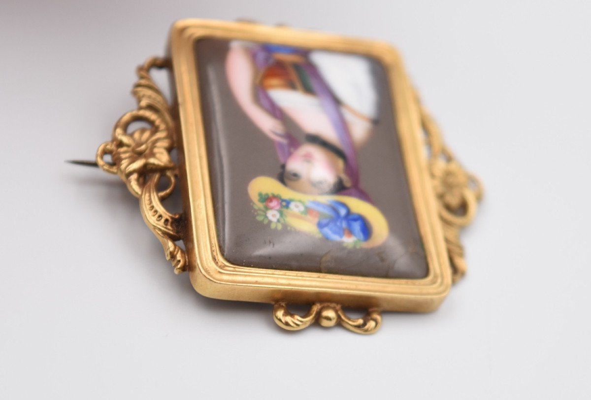 Bijou à Portrait : broche Or Et émaux Sur Cuivre Portrait De Femme Italienne XIXème-photo-3