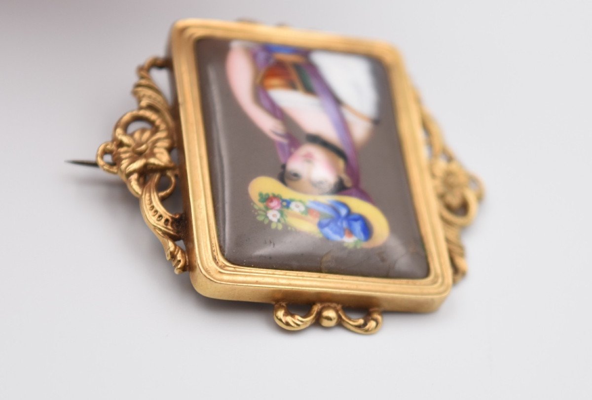 Portrait Jewel: Brooch Gold And Enamels On Copper Portrait Of Nineteenth Italian Woman-photo-3