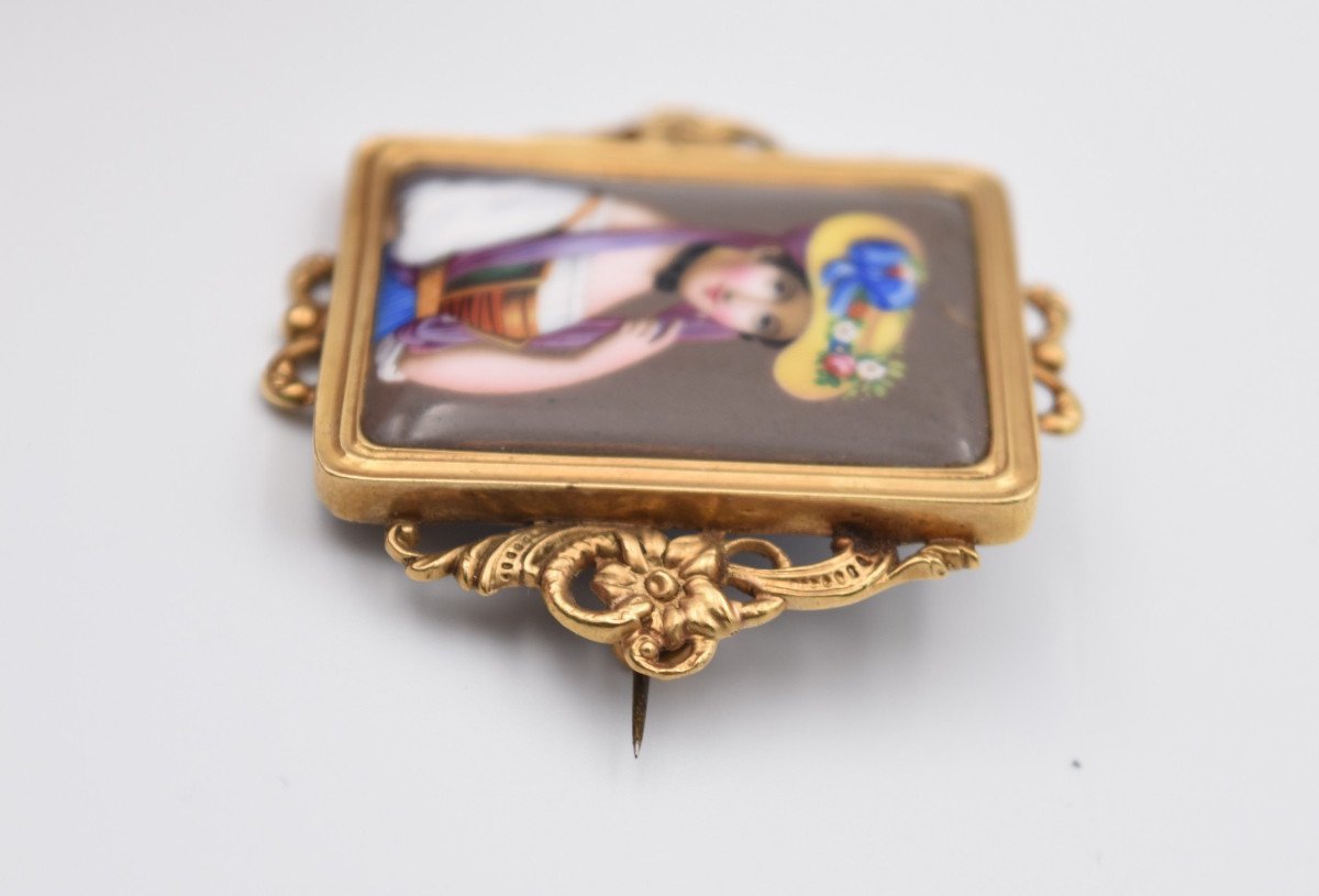 Bijou à Portrait : broche Or Et émaux Sur Cuivre Portrait De Femme Italienne XIXème-photo-4