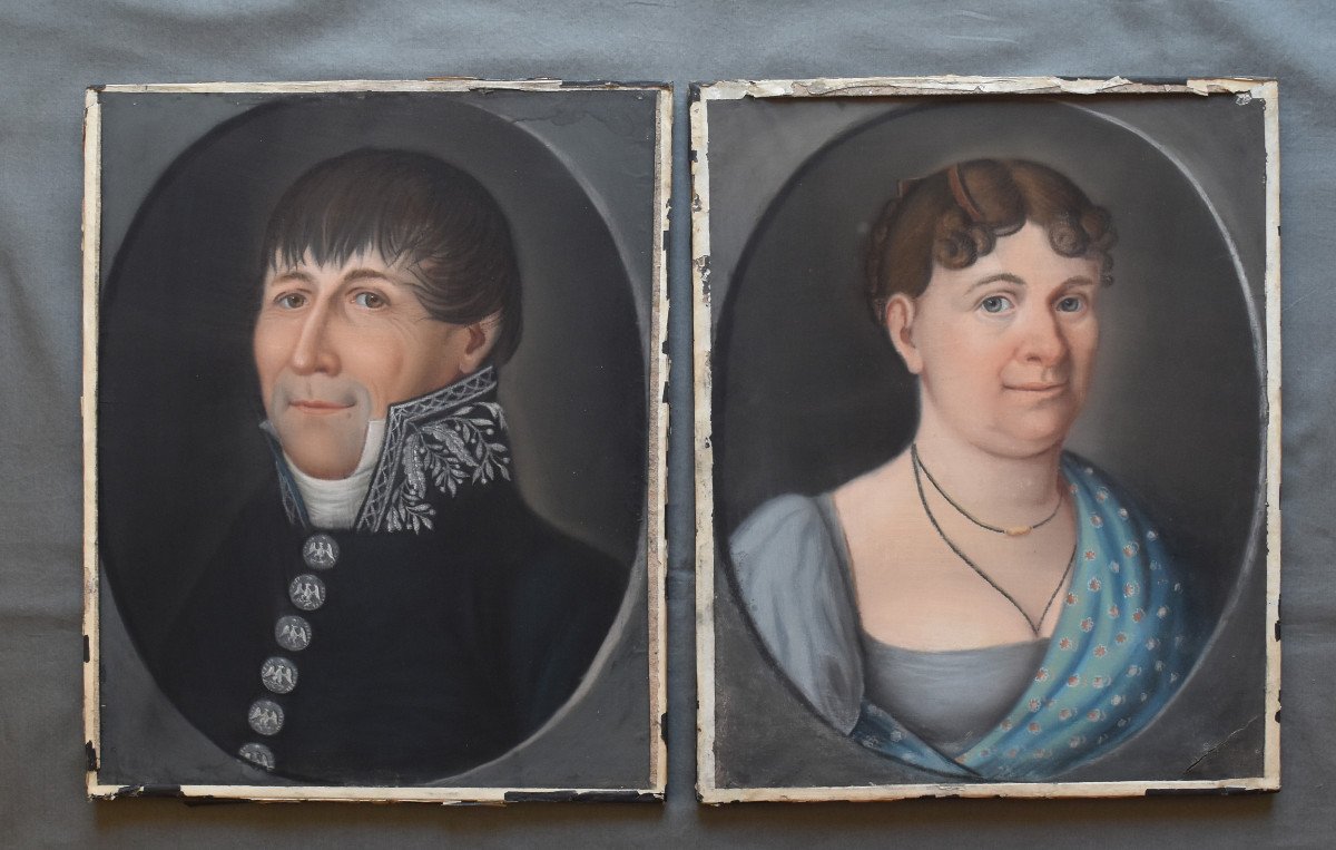 Paire De Pastel Portrait D Un Couple Homme Officier Et Sa Dame Signe 1812 Empire 19 Eme