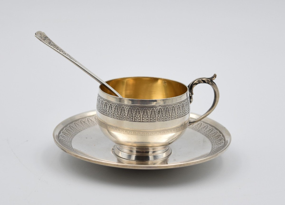 Cup Saucer And Silver Spoon Minerva Hallmark Late 19th Century