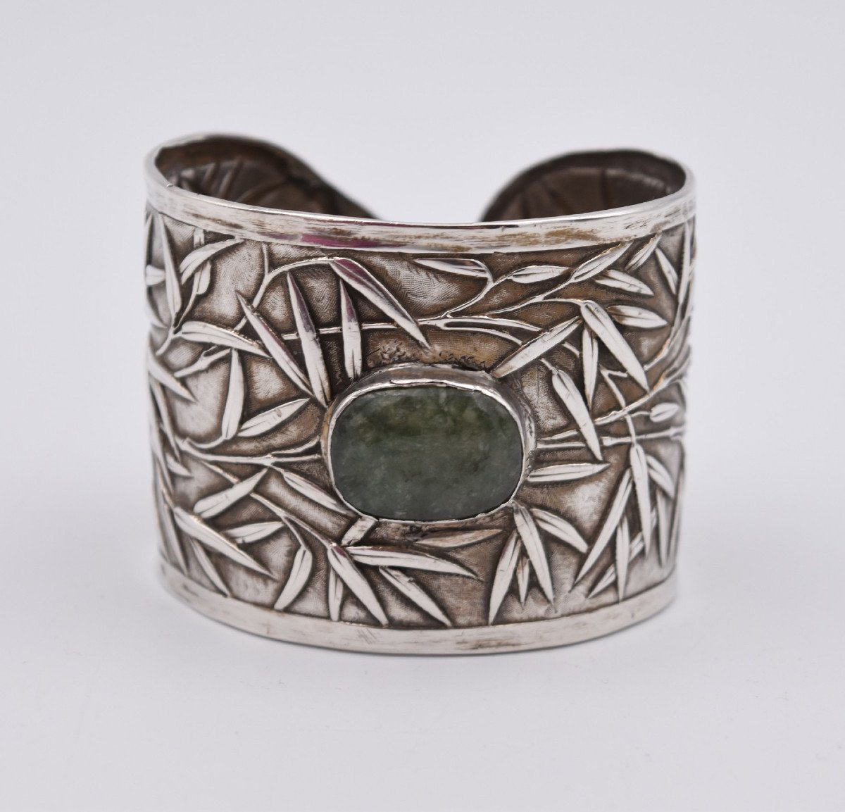 Old Silver And Jade Cuff Bracelet China Canton Brand Cs Cumshing
