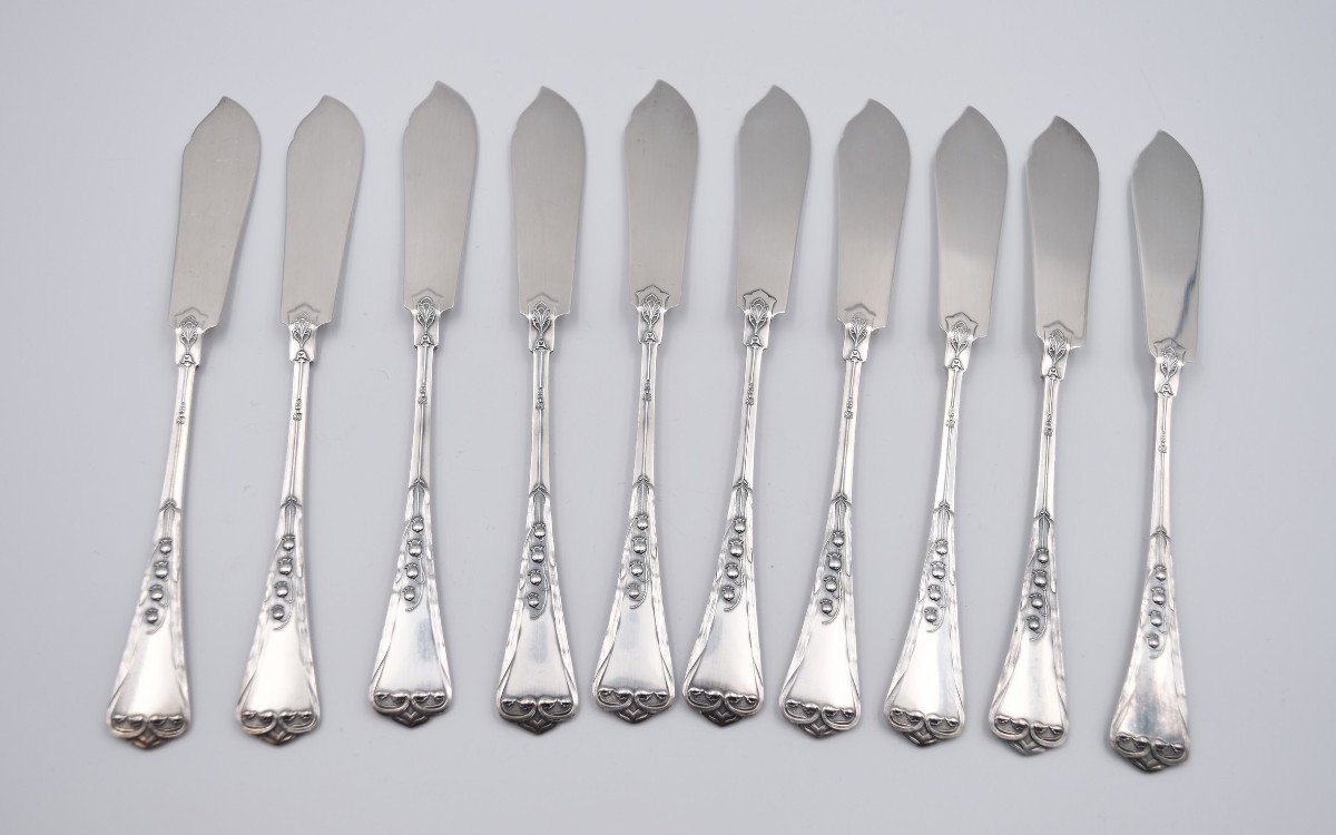 10 Fish Knives In 800 Silver Art Nouveau Swiss Goldsmith Jezler Muguet-photo-3