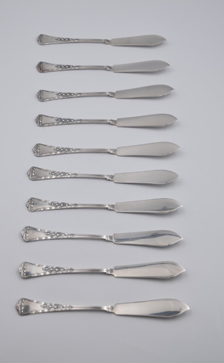 10 Fish Knives In 800 Silver Art Nouveau Swiss Goldsmith Jezler Muguet-photo-1