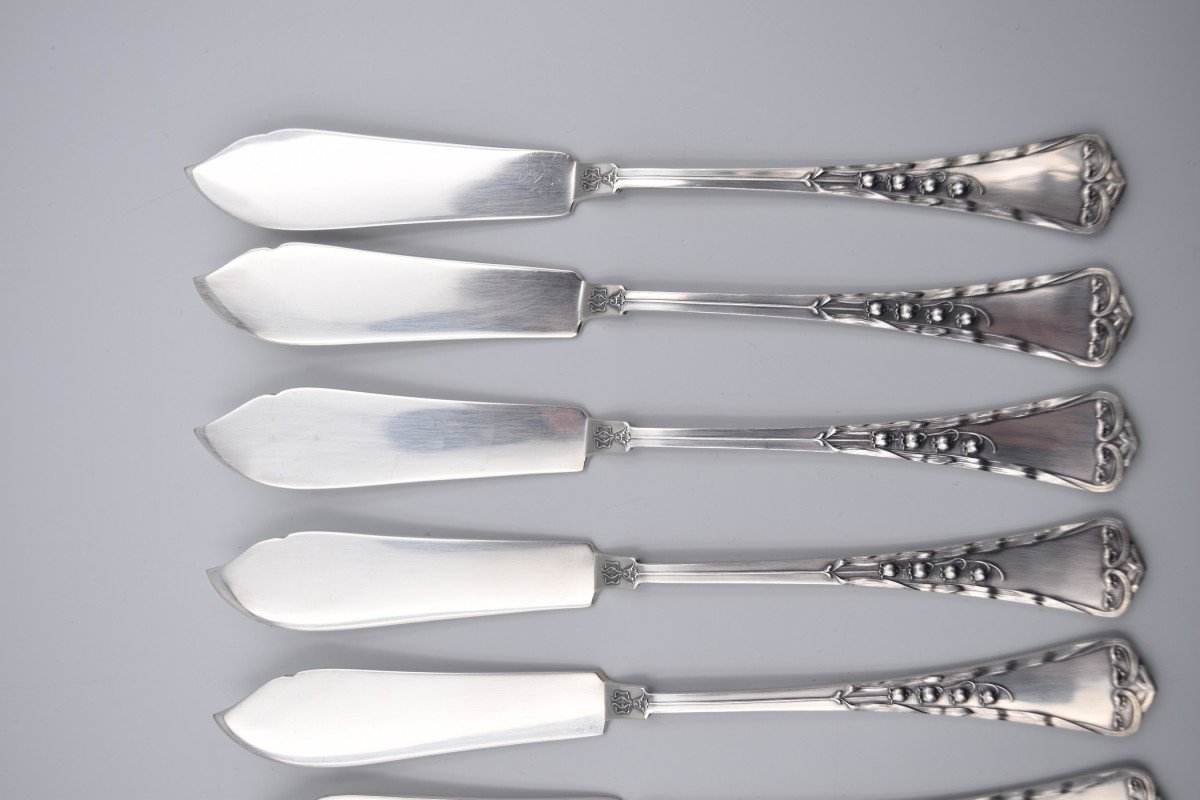 10 Fish Knives In 800 Silver Art Nouveau Swiss Goldsmith Jezler Muguet-photo-4