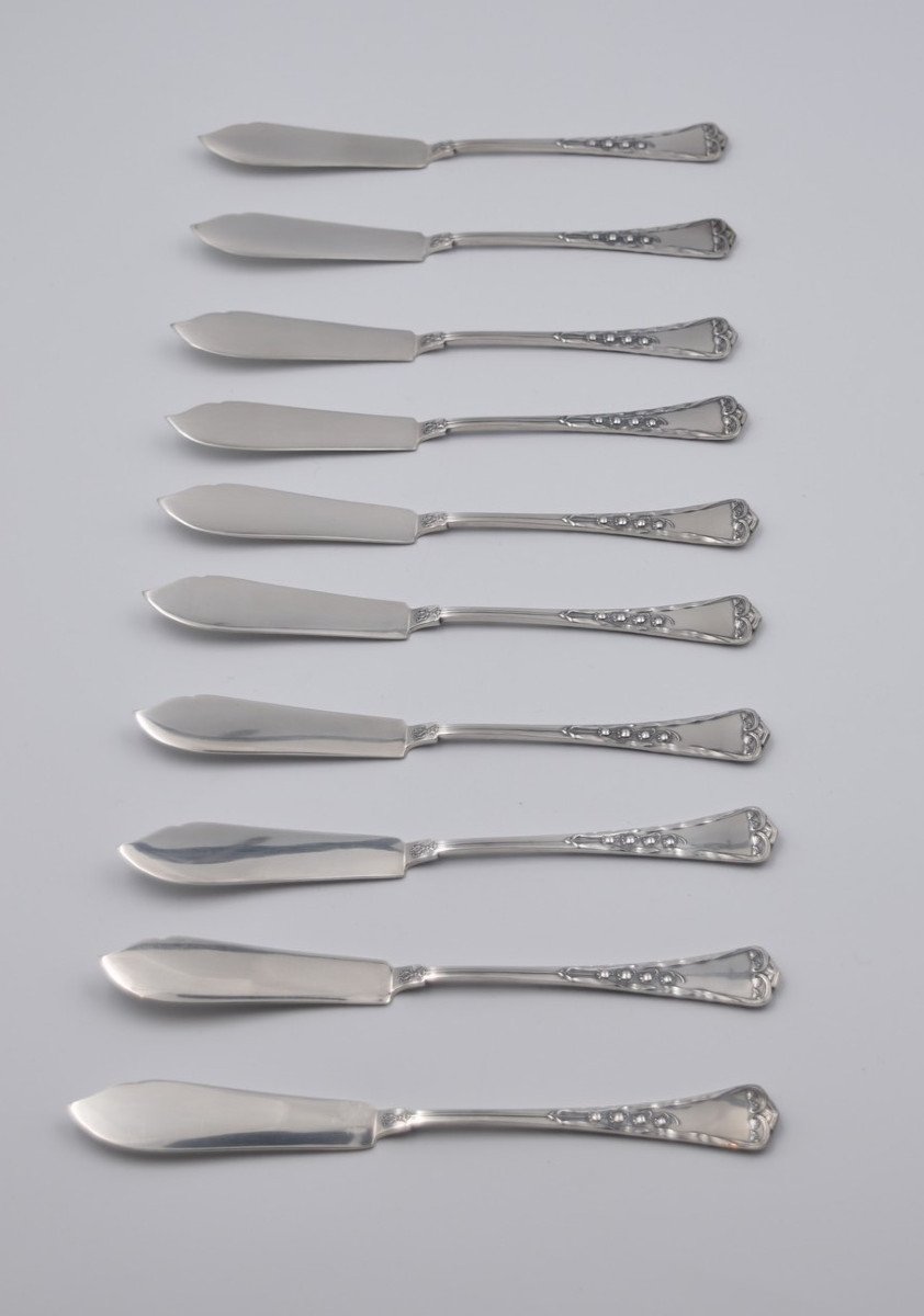 10 Fish Knives In 800 Silver Art Nouveau Swiss Goldsmith Jezler Muguet-photo-7