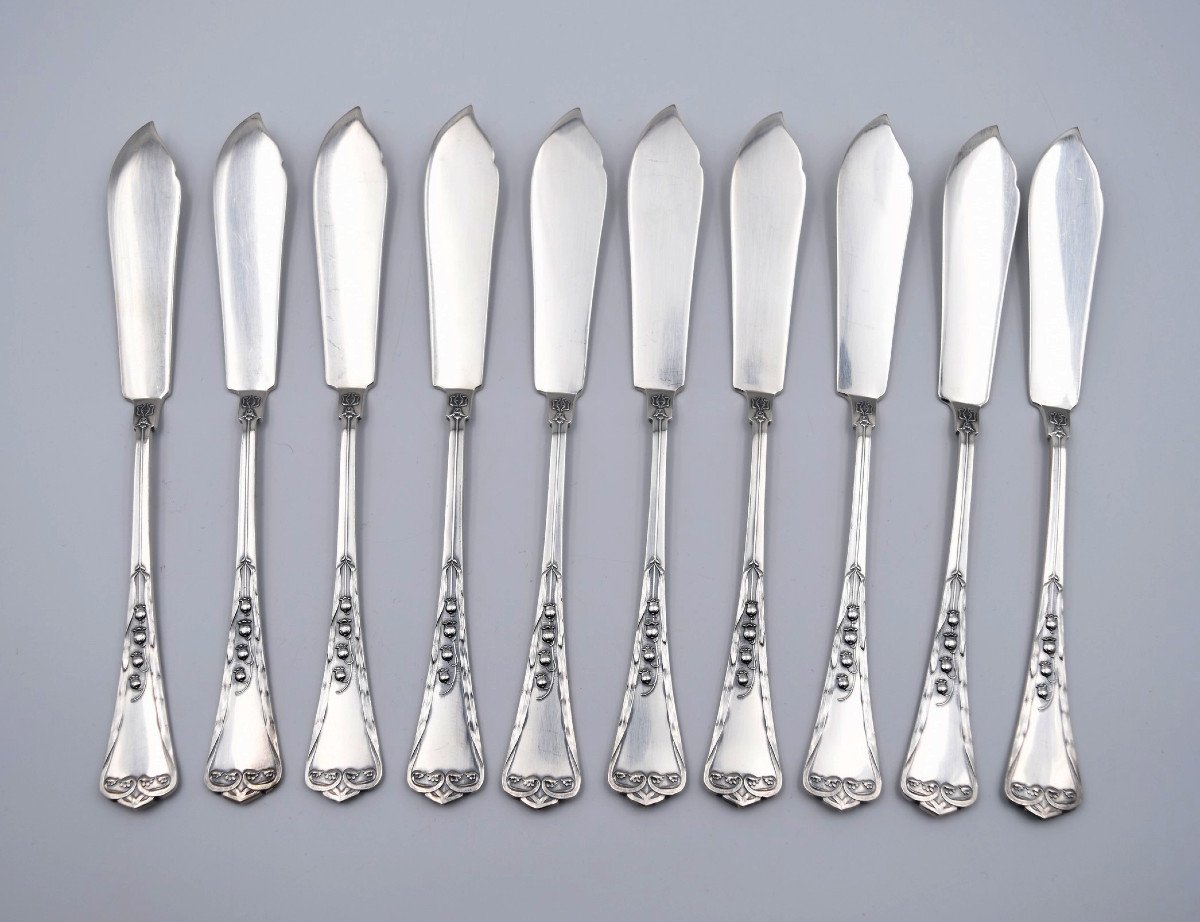 10 Fish Knives In 800 Silver Art Nouveau Swiss Goldsmith Jezler Muguet