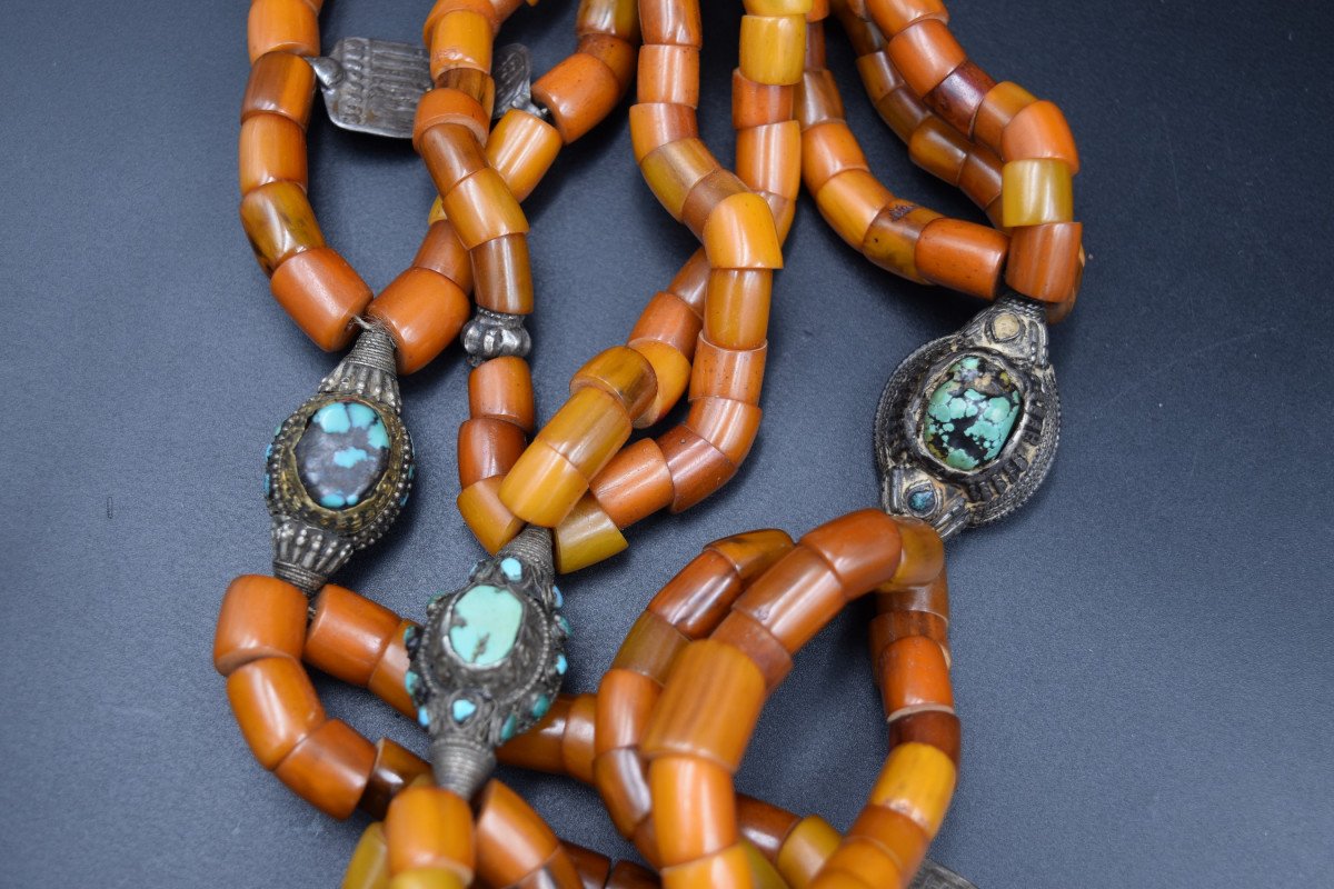 Large Tibetan Necklace Tibet Or Nepal Hard Stones Silver Metal Copal Turquoise-photo-2