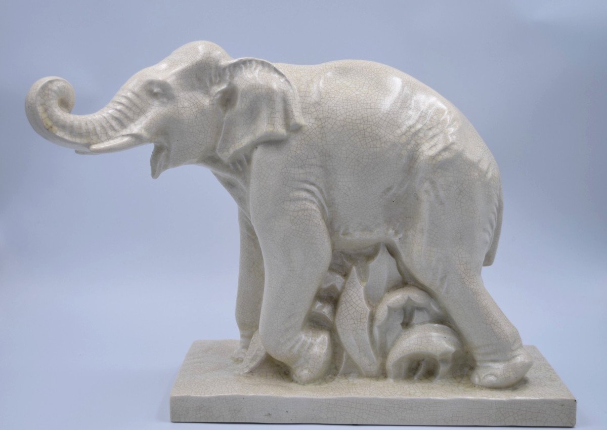 Grand Craquelé Art Déco éléphant Signé Le Jan Orchies Sculpture Animalière