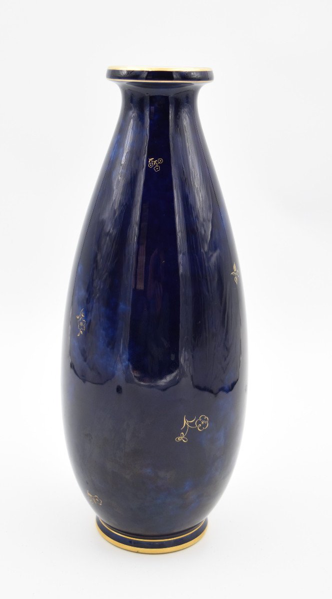 Porcelain Vase Manufacture Nationale De Sèvres Bleu De Four & Gold-photo-2