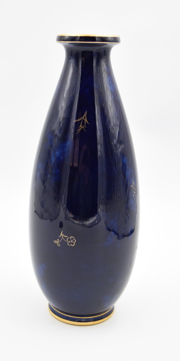 Porcelain Vase Manufacture Nationale De Sèvres Bleu De Four & Gold-photo-3