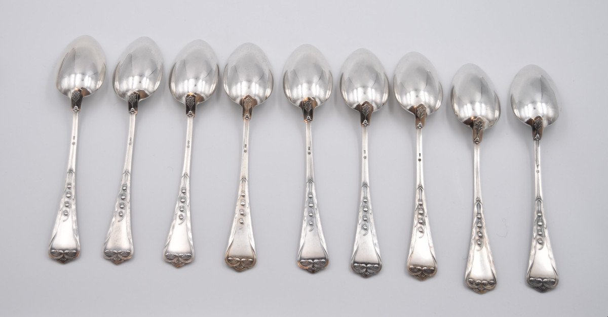 9 Couverts De Table Cuillères & Fourchettes En Argent Art Nouveau Jezler Muguet-photo-3