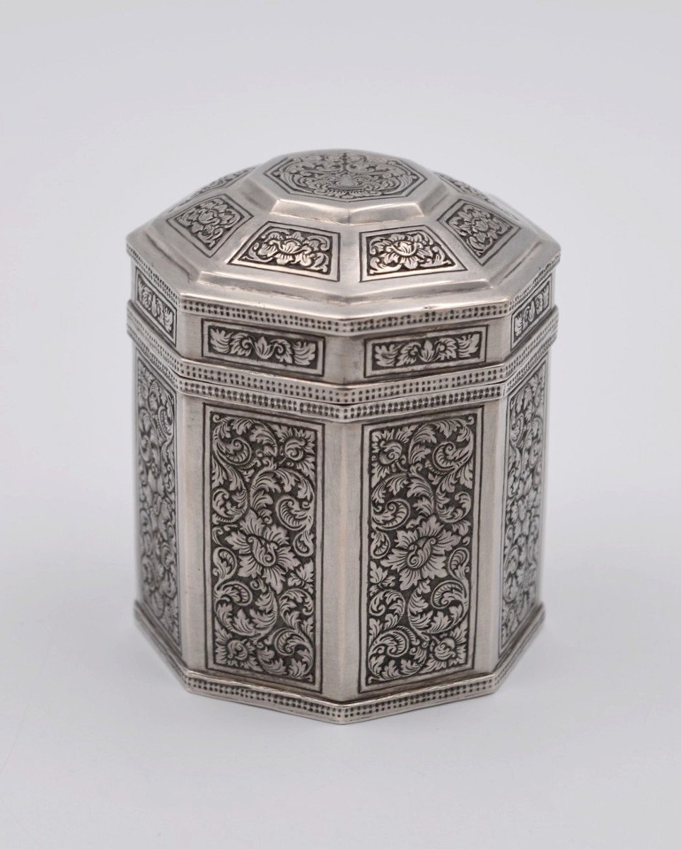 Ancienne Boite à Thé Argent Chine Asie Tea Caddy Poinçon Dac