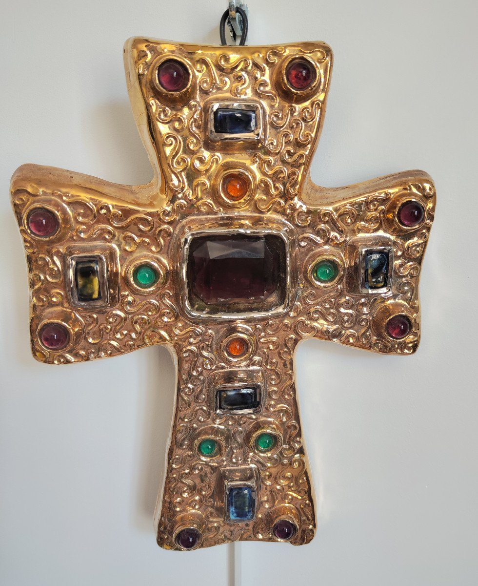 Cross In Ceramic And Glasswork Signed Manon Dlg Mithe Espelt 1960