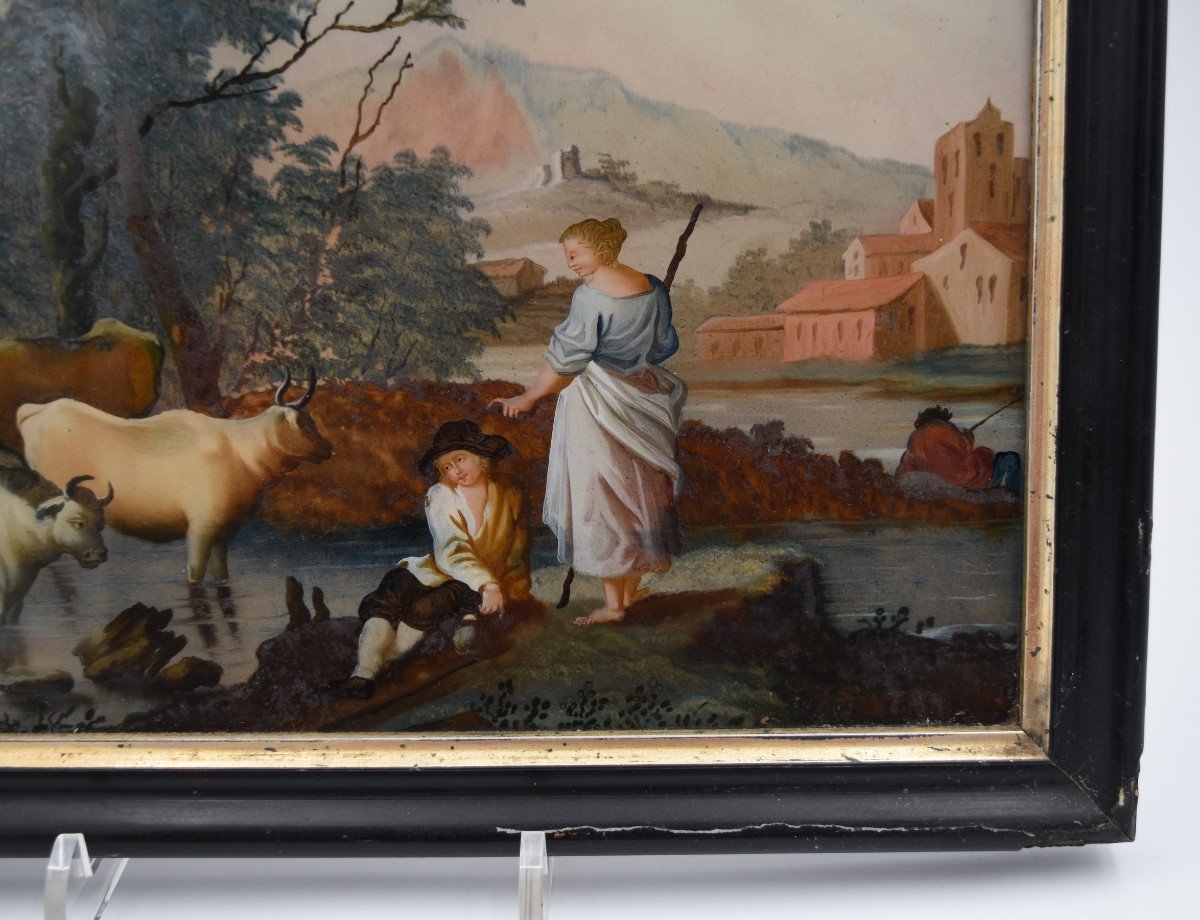 Fixé Sous Verre Du XVIII ème Siècle Paysage Lacustre Animé-photo-4