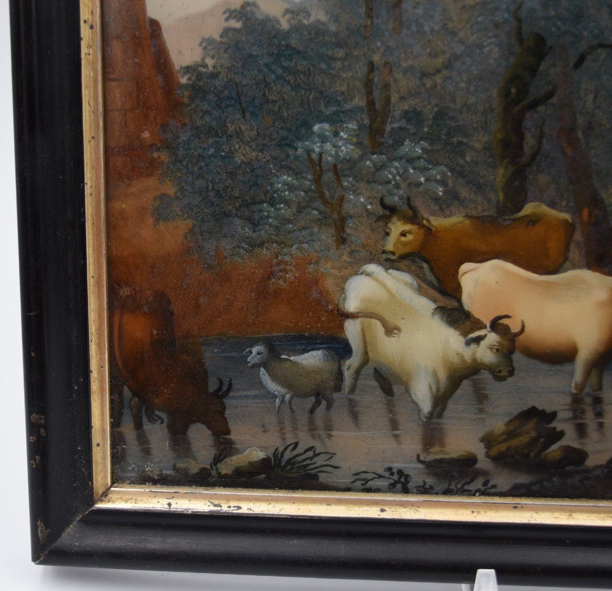 Fixé Sous Verre Du XVIII ème Siècle Paysage Lacustre Animé-photo-6