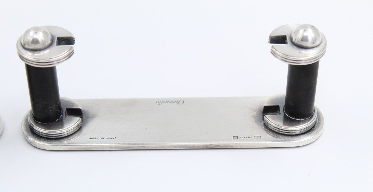 Christofle Pair Of Display Stands / Menu Holders In Silver Metal And Chinese Lacquer-photo-4