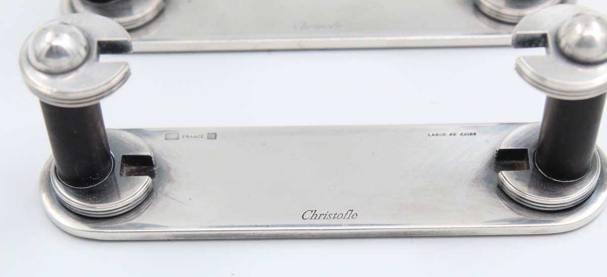 Christofle Pair Of Display Stands / Menu Holders In Silver Metal And Chinese Lacquer-photo-3