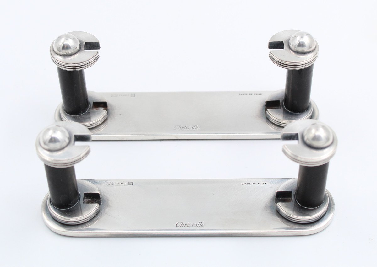 Christofle Pair Of Display Stands / Menu Holders In Silver Metal And Chinese Lacquer