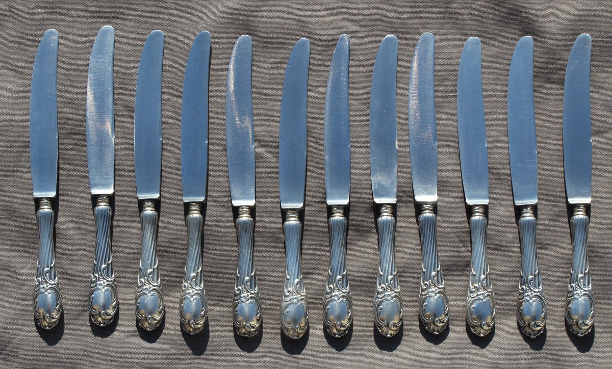 Set Of 12 Russian Rocaille Moscow Silver Knives 