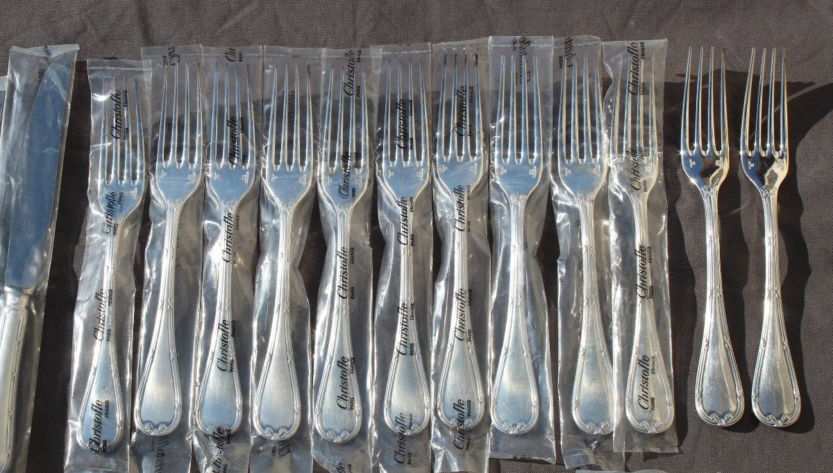 Christofle Cutlery Set Crossed Ribbons Model 50 Pieces In Silver Metal Blister Pack-photo-3