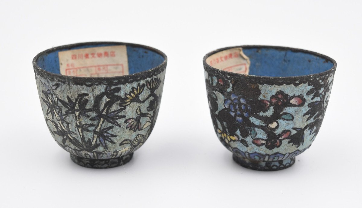 Two Antique Chinese Metal Bowls With Enameled Decoration-photo-2