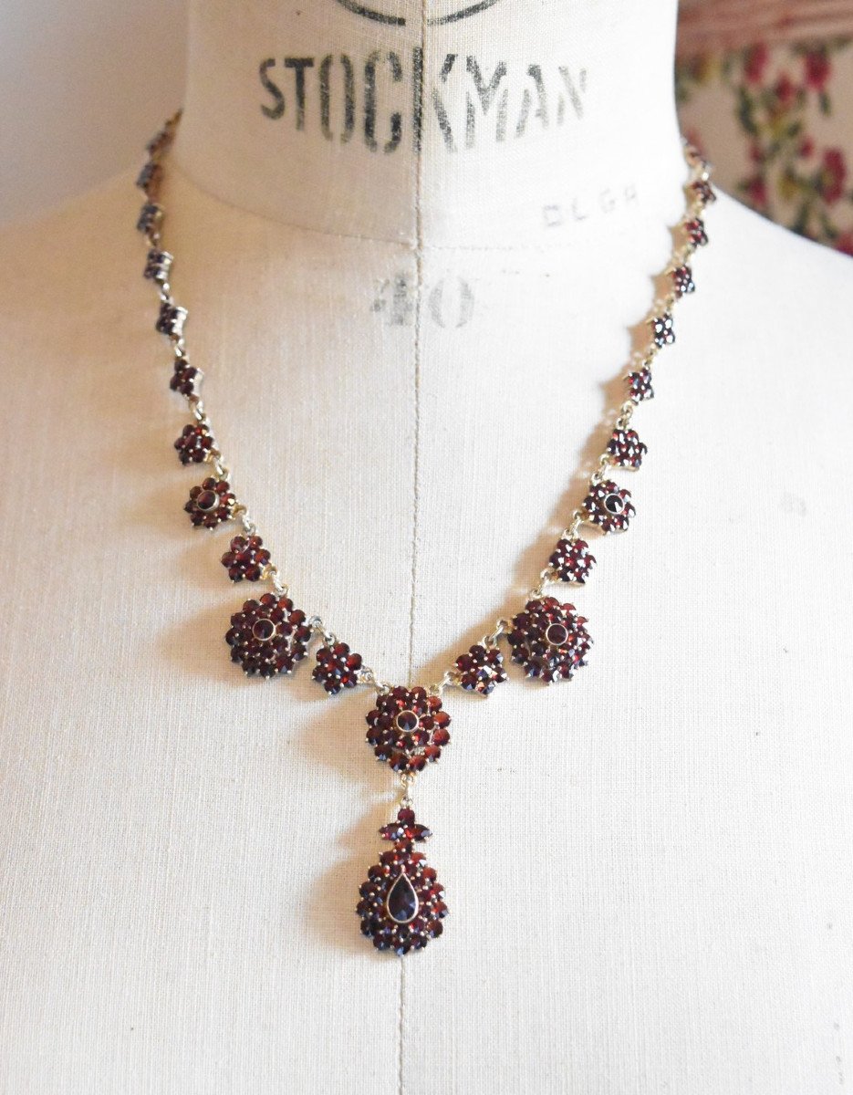 Ancien Collier Draperie Grenat De Bohème Et Vermeil (argent Doré) 800
