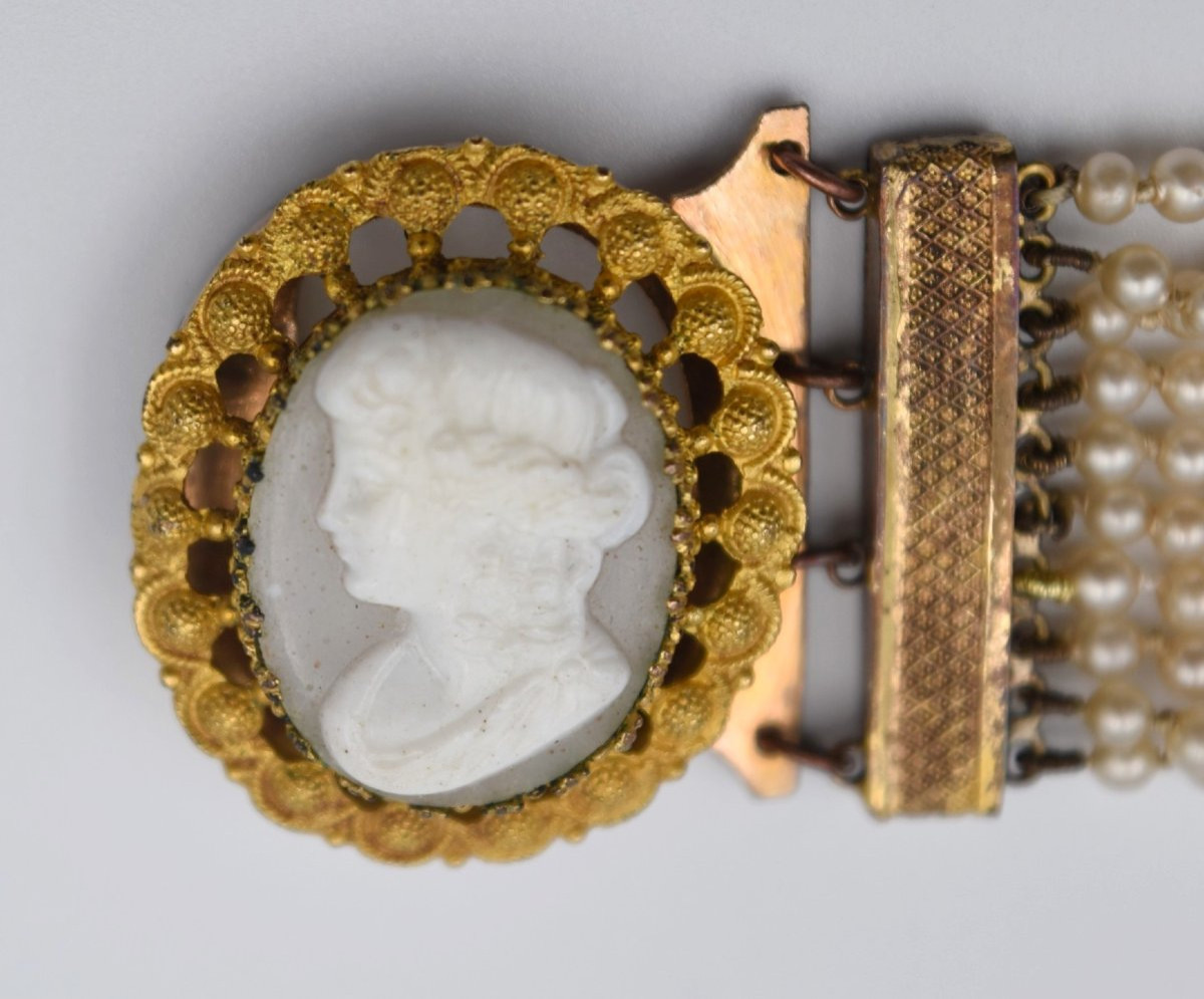 Antique Cameo Bracelet With Pomponne And Pearls, 19th Century, Napoleon III-photo-2