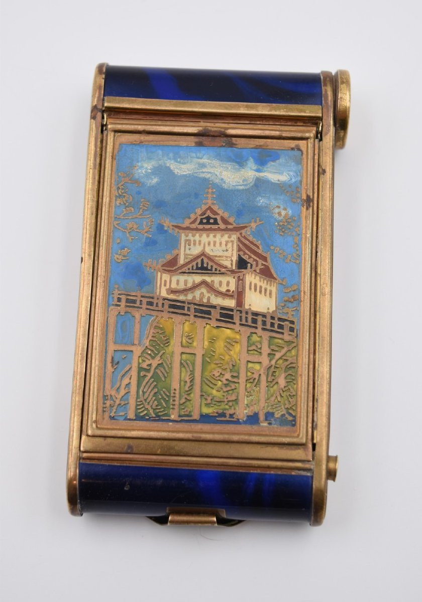 Antique Powder Compact Minaudière Sewing Kit Japanese Lacquer Japanese Castle-photo-2