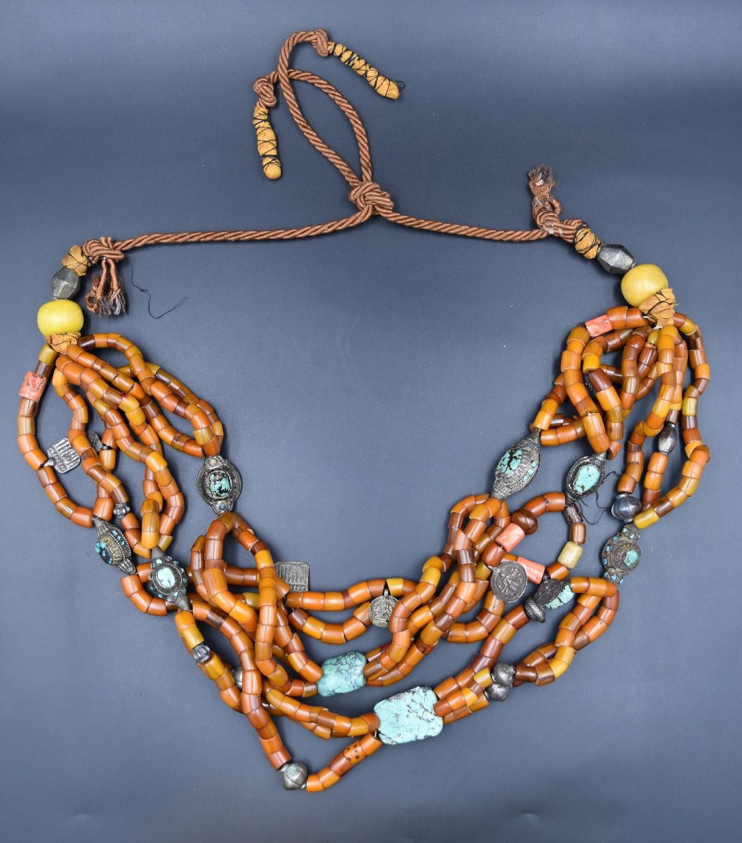 Grand Collier Tibétain Tibet Ou Népal Pierres Dures Argent Métal Copal Turquoise-photo-2