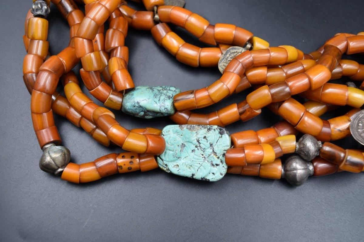 Grand Collier Tibétain Tibet Ou Népal Pierres Dures Argent Métal Copal Turquoise-photo-3