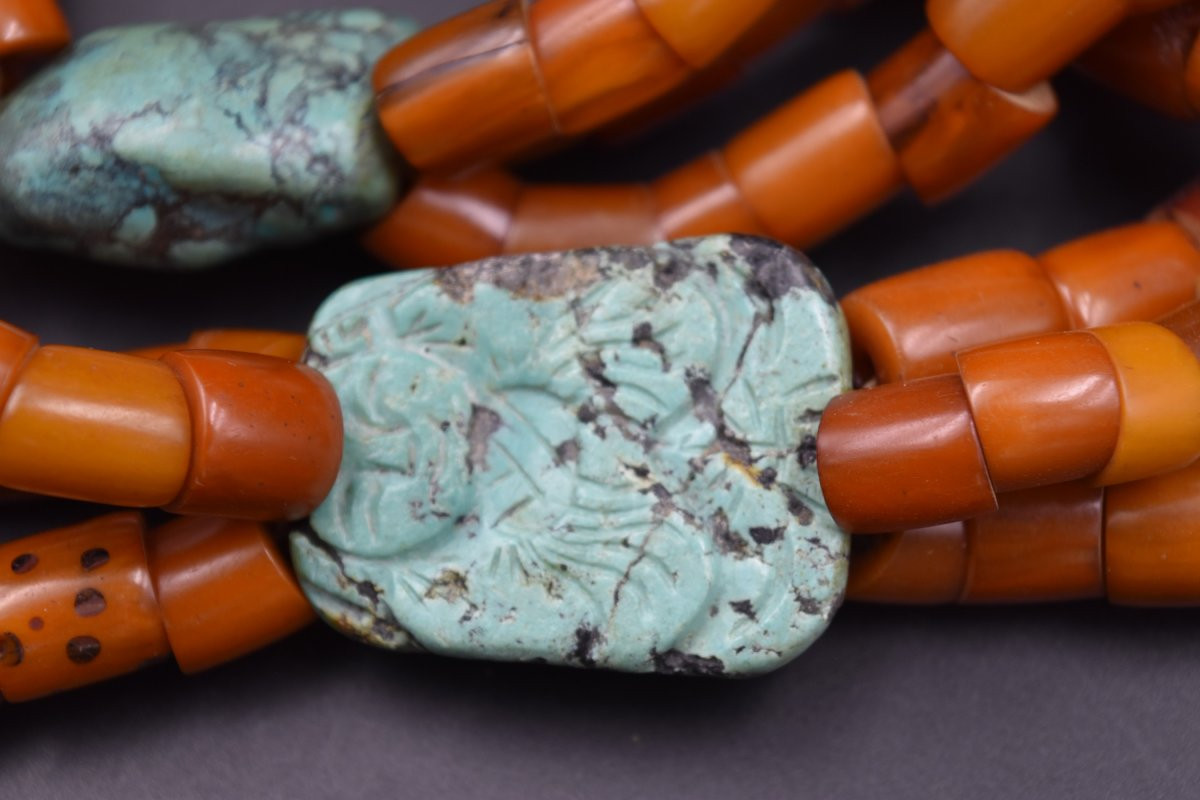 Grand Collier Tibétain Tibet Ou Népal Pierres Dures Argent Métal Copal Turquoise-photo-4
