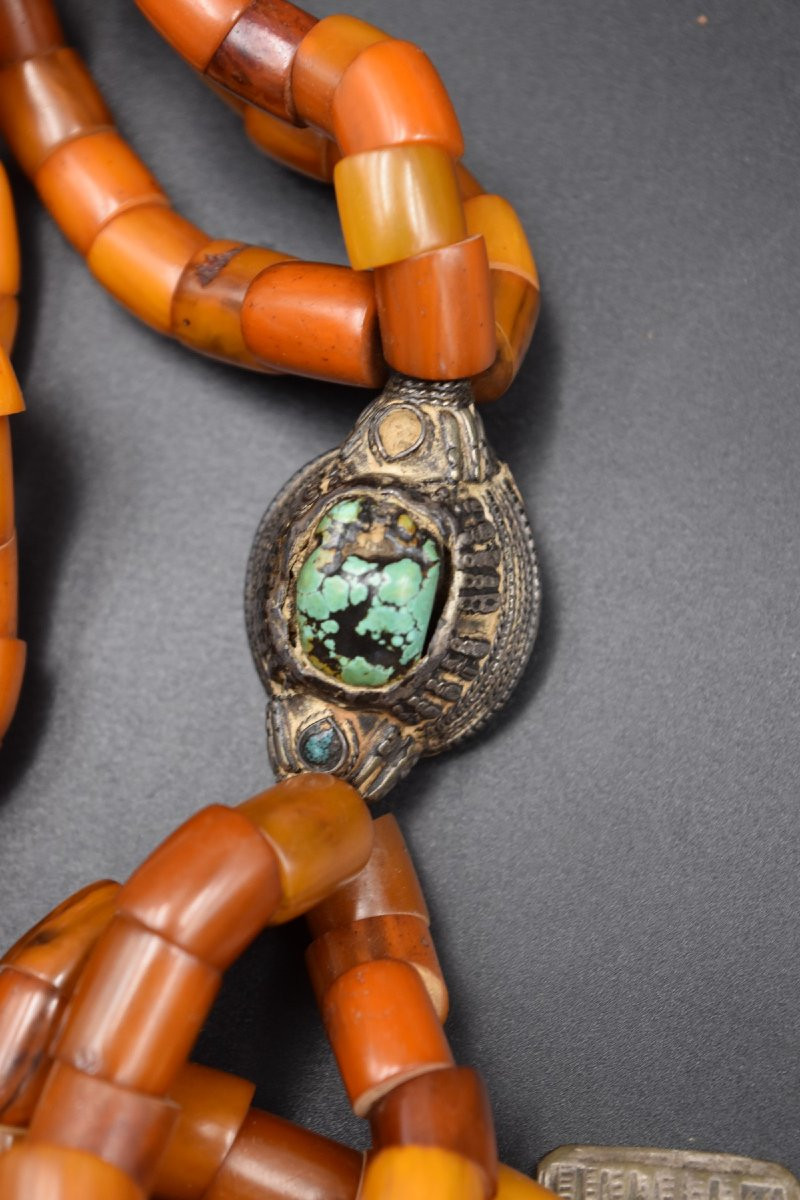 Grand Collier Tibétain Tibet Ou Népal Pierres Dures Argent Métal Copal Turquoise-photo-3