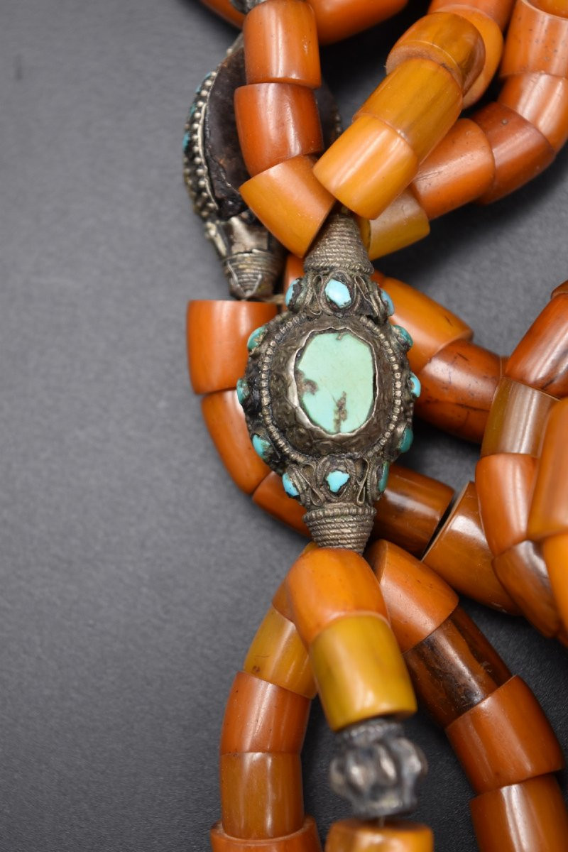 Grand Collier Tibétain Tibet Ou Népal Pierres Dures Argent Métal Copal Turquoise-photo-4