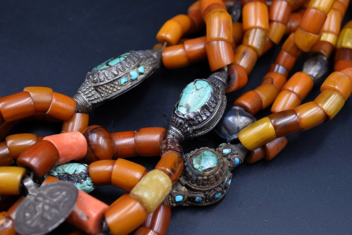 Grand Collier Tibétain Tibet Ou Népal Pierres Dures Argent Métal Copal Turquoise-photo-5