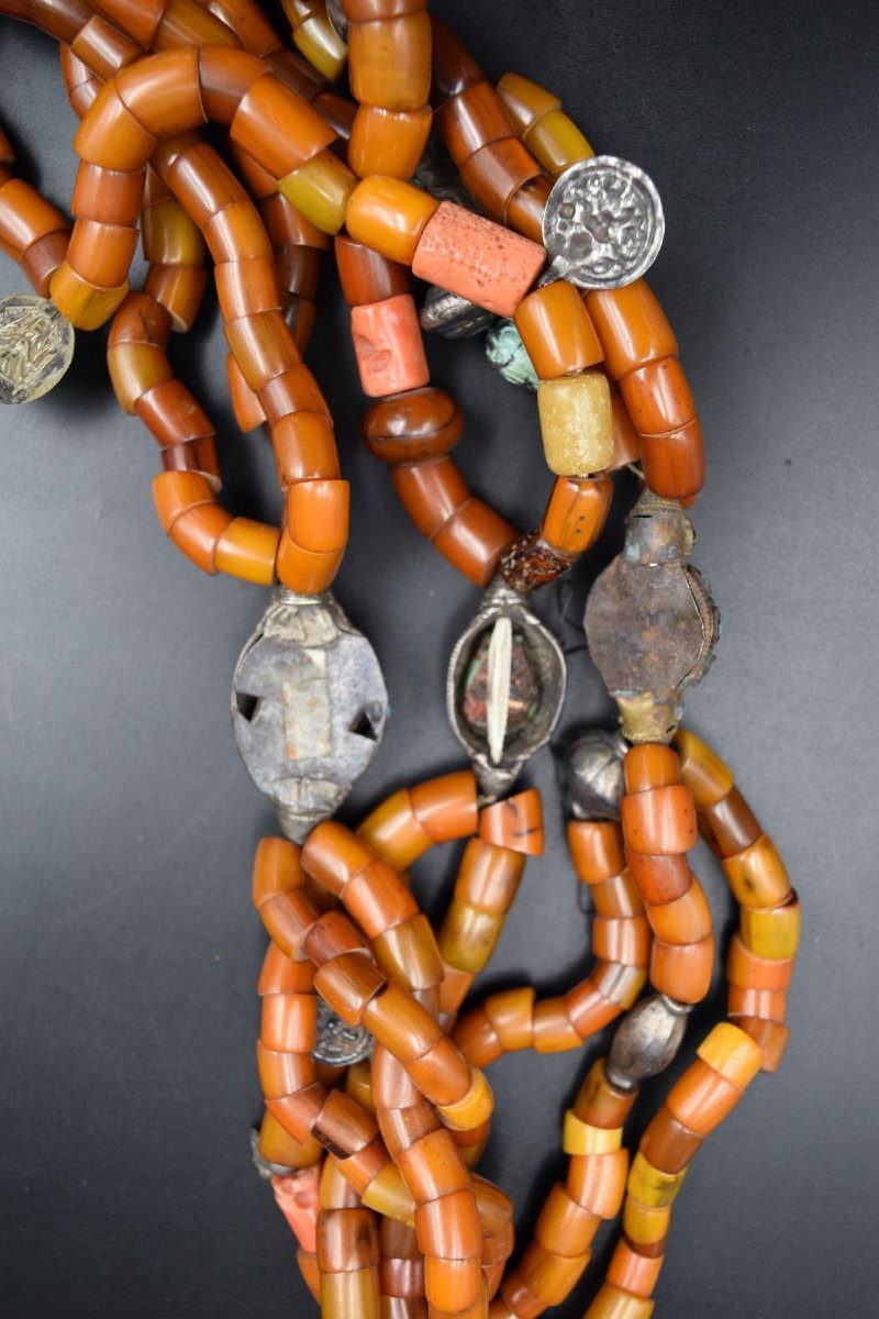 Grand Collier Tibétain Tibet Ou Népal Pierres Dures Argent Métal Copal Turquoise-photo-8