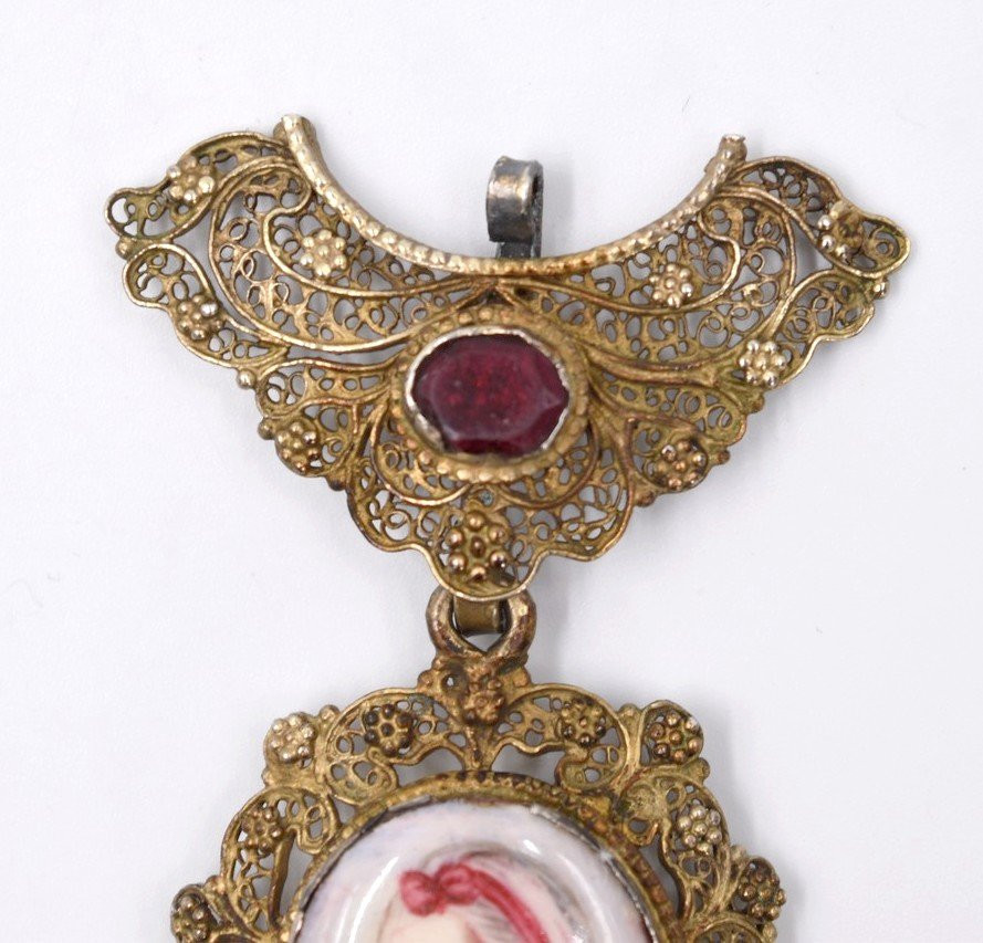 Miniature Portrait Pendant On Porcelain, Early 19th Century, Vermeil Filigree -photo-3