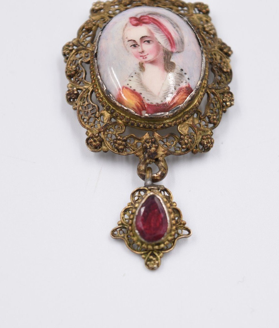 Miniature Portrait Pendant On Porcelain, Early 19th Century, Vermeil Filigree -photo-4