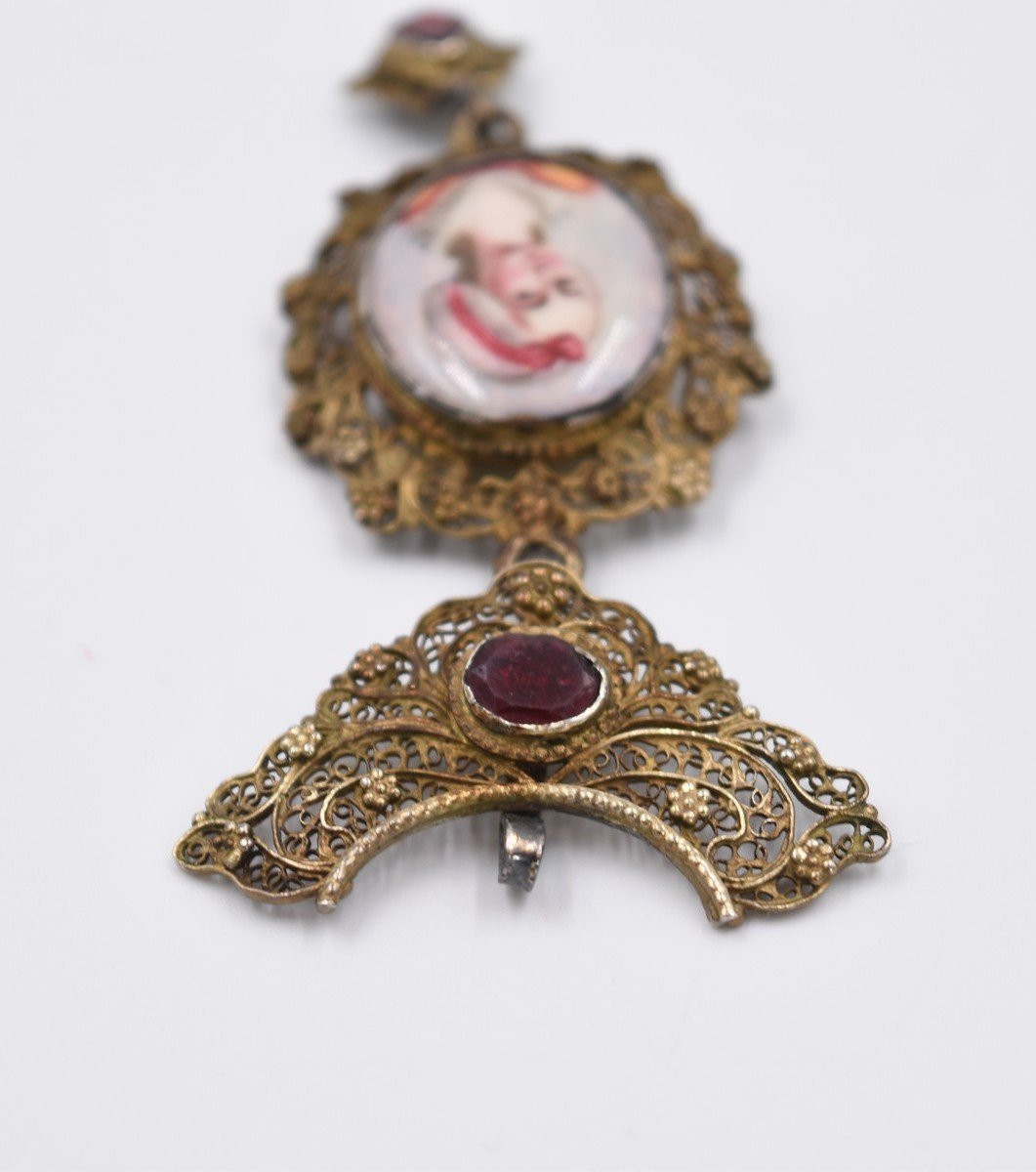 Miniature Portrait Pendant On Porcelain, Early 19th Century, Vermeil Filigree -photo-2