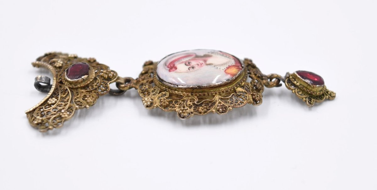 Miniature Portrait Pendant On Porcelain, Early 19th Century, Vermeil Filigree -photo-3
