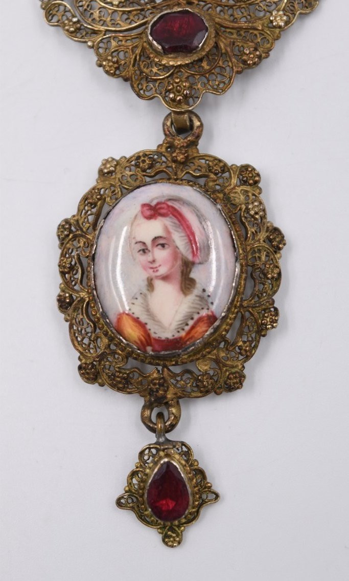 Miniature Portrait Pendant On Porcelain, Early 19th Century, Vermeil Filigree -photo-5
