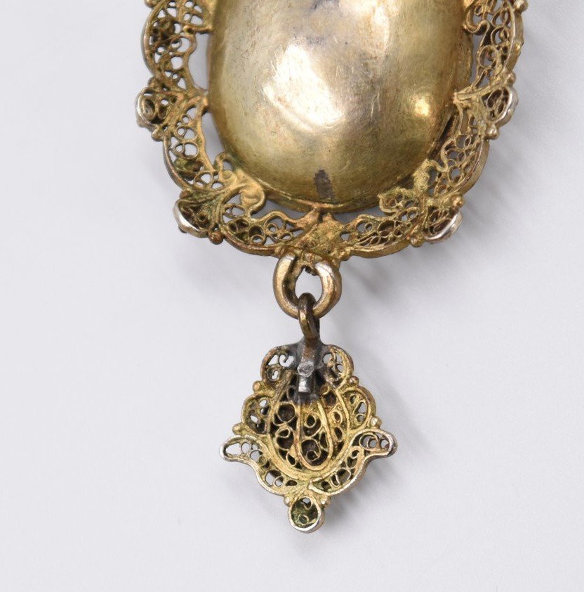 Miniature Portrait Pendant On Porcelain, Early 19th Century, Vermeil Filigree -photo-7