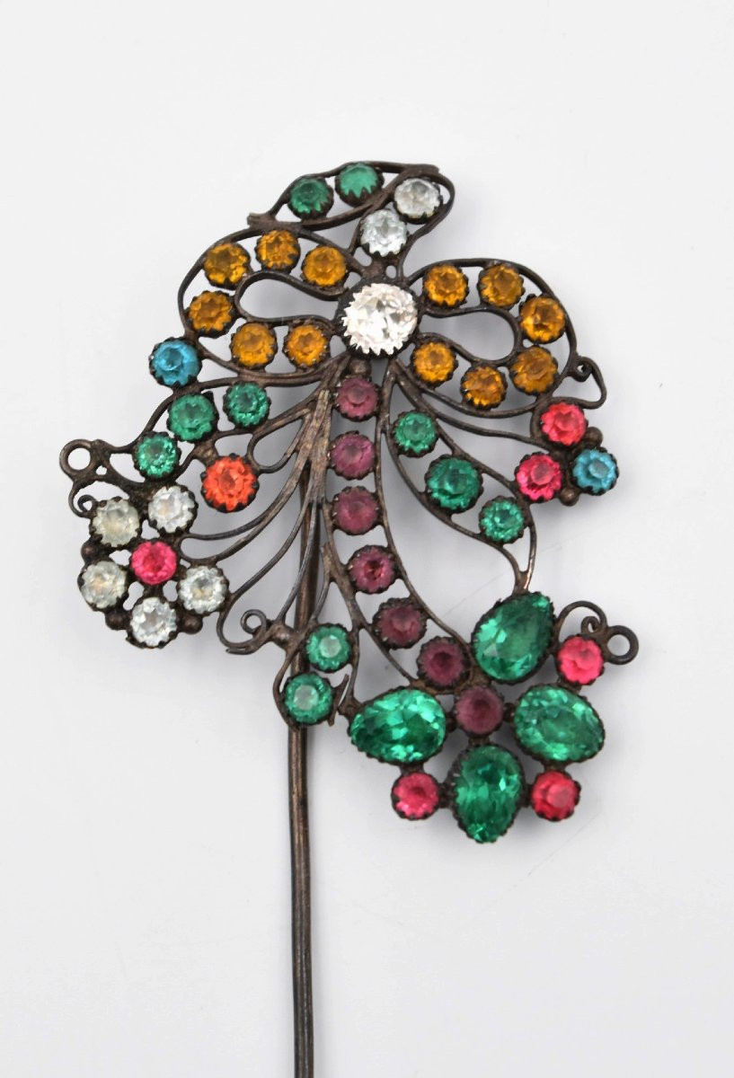épingle à Chapeau Argent & Strass Multicolore Décor Dit Giardinetti Fin XIX ème-photo-3