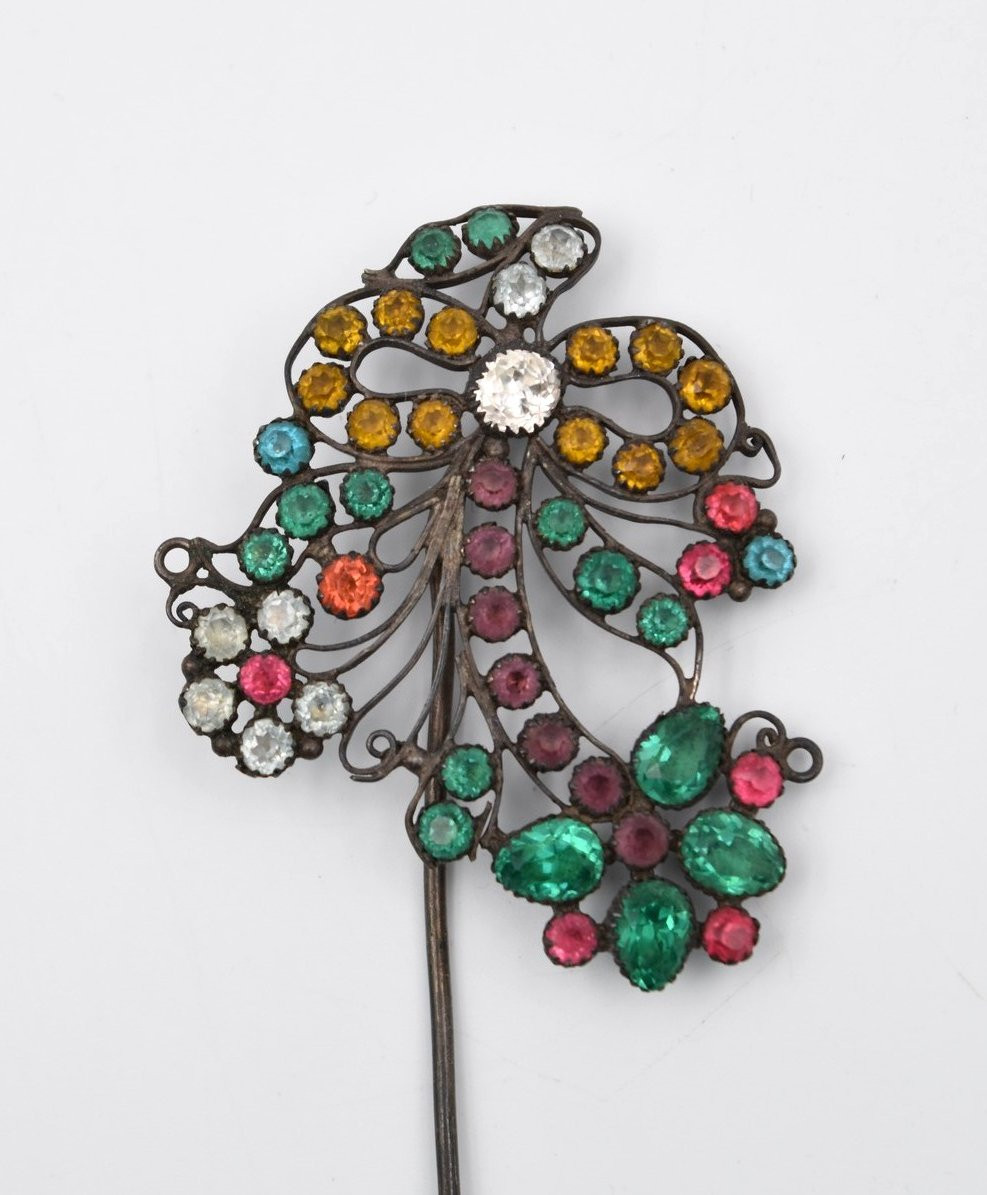 épingle à Chapeau Argent & Strass Multicolore Décor Dit Giardinetti Fin XIX ème-photo-1