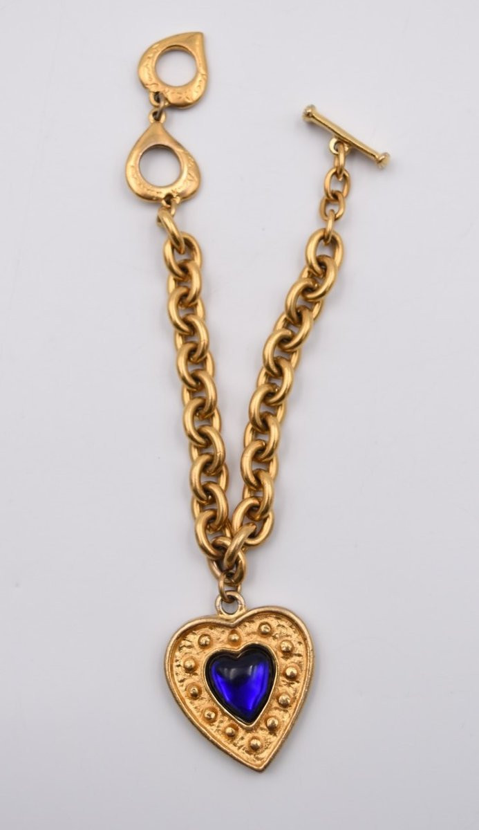 Vintage Yves Saint Laurent Blue Heart Bracelet In Gold Metal-photo-2