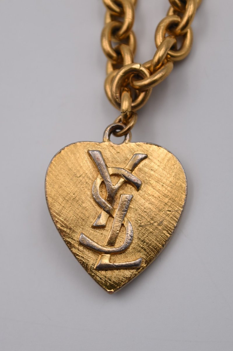 Vintage Yves Saint Laurent Blue Heart Bracelet In Gold Metal-photo-4