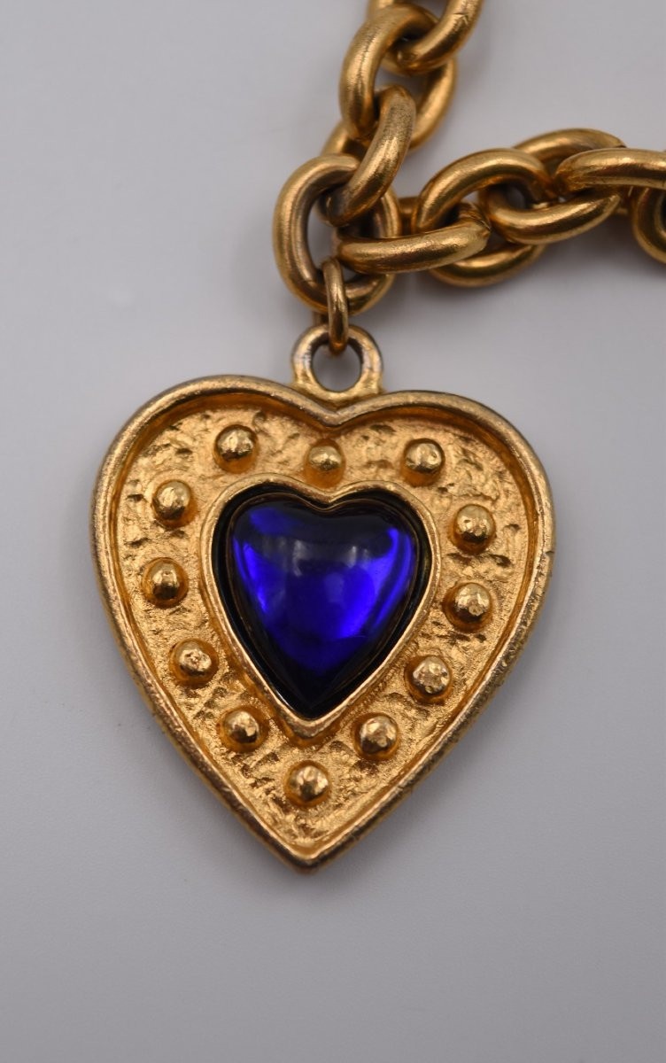 Vintage Yves Saint Laurent Blue Heart Bracelet In Gold Metal-photo-3