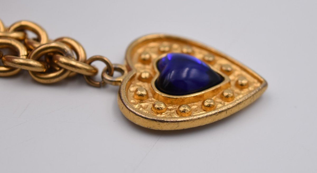Vintage Yves Saint Laurent Blue Heart Bracelet In Gold Metal-photo-4
